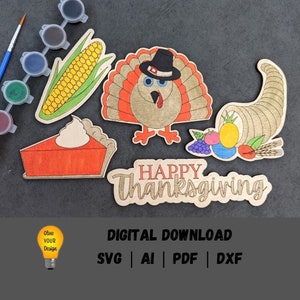 Paint Kit svg, Ringraziamento svg, File digitale di artigianato per bambini, tacchino mais torta di zucca conucopia svg, Download digitale progettato per Glowforge