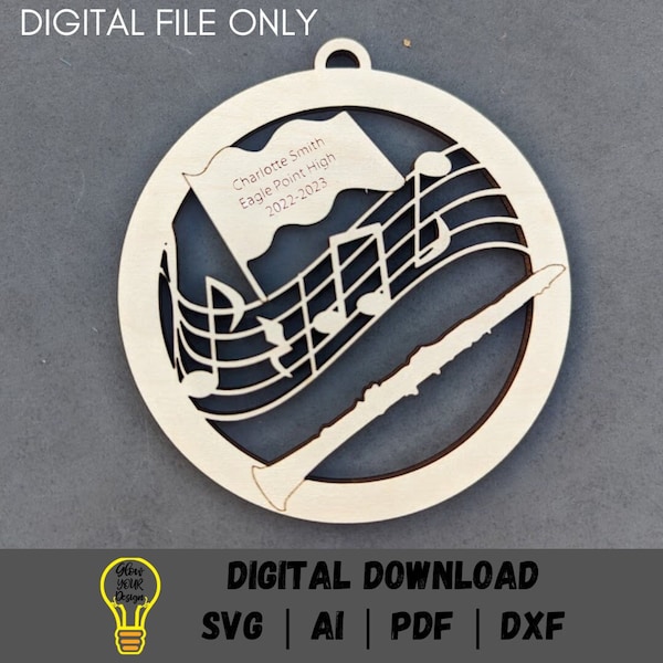 Band svg, Clarinet digital file, Band instrument ornament, Gift for band member, Can be personalized, Laser cut file tested on Glowforge,