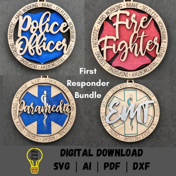 Ersthelfer SVG Bundle - beinhaltet EMT, Feuerwehrmann, Sanitäter, Polizist, Autoanhänger svg, digitaler Download, getestet auf Glowforge