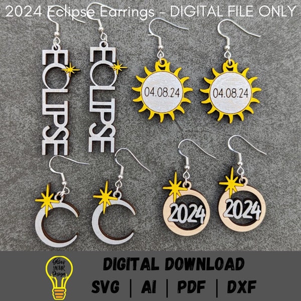 Solar Eclipse earring SVG bundle, Set of 4 2024 eclipse keepsake earrings digital file, Cut & score SVG laser cut file for laser engravers