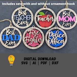 Bestselling ornament svg bundle, Set of 6 popular wall hanging svgs including police, firefighter, teacher, mom, dad, Glowforge Digital svg