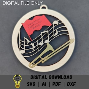 Band svg, Trombone digital file, Band instrument ornament, Gift for band member, Can be personalized, Laser cut file tested on Glowforge,