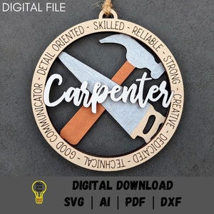 Carpenter svg, Woodworker ornament digital file, Car charm or ornament svg, Cut and score Digital Download Designed for Glowforge