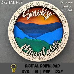 Smoky Mountains-svg, nationaal park-ornament of muurhangend digitaal bestand, meerlaags lasergesneden bestand ontworpen voor Glowforge