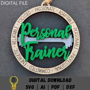 Personal Trainer svg, Ornament oder Autocharme digitale Datei, Fitness Coach svg, zweischichtig Cut & Score Digitaler Download getestet auf Glowforge