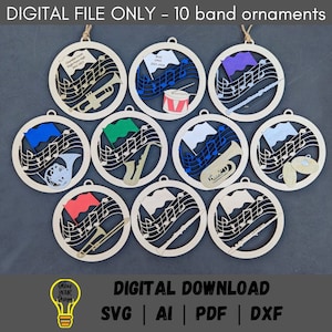 Band svg, Set of 10 band instruments ornament SVG bundle, Gift for band member, Can be personalized, laser cut file tested on Glowforge,