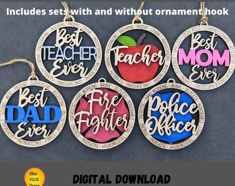 Bestselling ornament svg bundle, Set of 6 popular wall hanging svgs including police, firefighter, teacher, mom, dad, Glowforge Digital svg