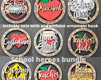 School worker ornament svg bundle, Set of 10 school staff svgs including teacher, bus driver, custodian, cook, principal, crossing guard svg