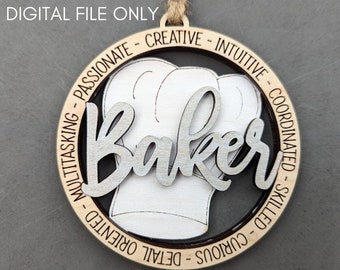 Baker svg - Ornament or car charm digital download - Gift for cook or baker - Cut and score laser cut file tested on Glowforge