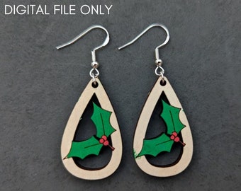 Stechpalme Ohrringe svg - Teardrop SVG digitale Datei - Weihnachtsohrring digitaler Download, Cut & Score Laserschnittdatei, getestet auf Glowforge