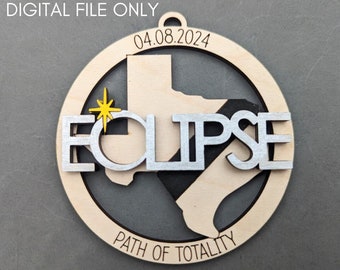 2024 Eclipse Souvenir SVG, State of Texas svg with Path of Totality DIGITAL FILE, Ornament or Magnet keepsake laser cut file, Cut & Score