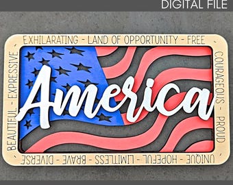 America wall hanging svg, 4th of July flag decor DIGITAL FILE with flag back, Cut and score only Digital Download designed for Glowforge