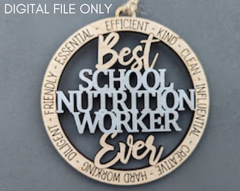 May include: A wooden circle ornament with the text "Best School Nutrition Worker Ever" in a silver and black font. The circle is surrounded by a ring of words describing positive qualities, such as "efficient", "kind", "clean", "influential", "diligent", "friendly", "hard working", and "creative".
