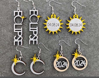 Solar Eclipse earring SVG bundle, Set of 4 2024 eclipse keepsake earrings digital file, Cut & score SVG laser cut file for laser engravers