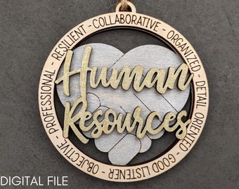 May include: A wooden ornament with a gold and silver heart design. The heart features the words "Human Resources" and the surrounding circle has the words "Professional - Resilient - Collaborative - Organised - Detail Oriented - Good Listener - Objective".