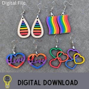 Lot de 4 boucles d'oreilles Fierté, lot de 4 boucles d'oreilles LGBTQ + Rainbow Pride, fichier numérique de coupe et de partition SVG pour graveurs laser