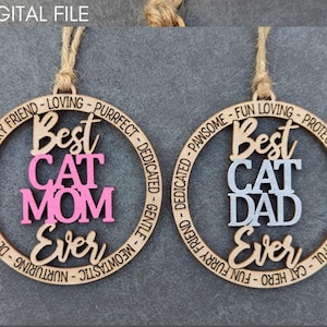 Katze Mama und Katze Papa Ornament, Katze Kitty Ornament digitale Datei, Best Cat Mom Dad svg, Cut and Score Laser cut Datei - Geschenk für Katzenliebhaber