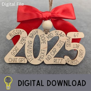 May include: Wooden ornament with the year "2025" cut out, featuring various slang terms. It has a red bow and a wooden bead for hanging. The words "Digital File" and "Digital Download" are also visible.