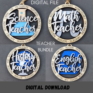 Teacher svg bundle, Includes Science, History, Math, English, Car charm ornament DIGITAL FILE, Score & Cut laser cut file Made for Glowforge