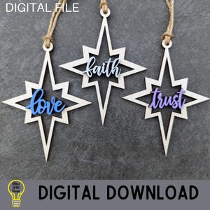 Christmas Star svg bundle, Love, Faith, Trust star ornament with separate wood cut outs, Nativity Star digital file, Glowforge tested