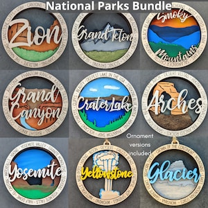 Nationalparks svg Bundle, Set mit 9 mehrschichtigen digitalen Wandbehang- und Ornamentdateien, einschließlich Arches, Yosemite, Zion, Grand Canyon