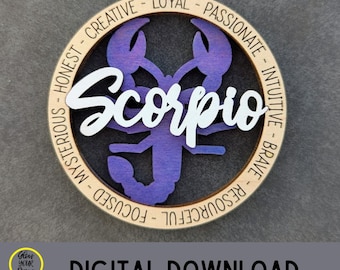 May include: A wooden Scorpio zodiac sign ornament with a purple scorpion design. The word "Scorpio" is in white script, and the ornament includes words like "creative" and "loyal". The words "Digital File" and "Digital Download" are also present.
