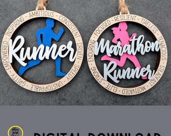 Runner svg, Marathon runner ornament svg, Male and female cut and score laser file