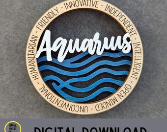 Aquarius Zodiac Ornament SVG - Astrology Sign Cut File - Laser Cut Zodiac Circle Ornament or Magnet - Cut & score file tested on Glowforge