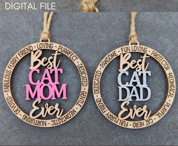 Cat Mom and Cat Dad ornament svg, Cat kitty ornament digital file, Best Cat Mom Dad svg, Cut and score Laser cut file - Gift for cat lover