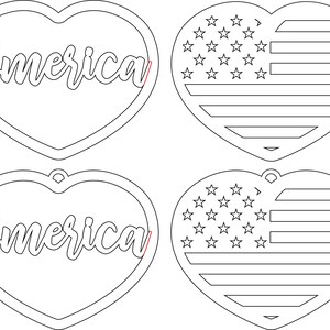Może przedstawiać: Cztery wycięcia w kształcie serca, dwa z napisem "America" w stylizowanym foncie i dwa ze stylizowanym wzorem amerykańskiej flagi.