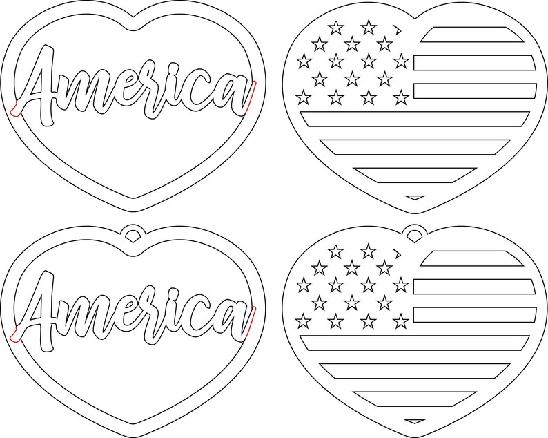 Może przedstawiać: Cztery wycięcia w kształcie serca, dwa z napisem "America" w stylizowanym foncie i dwa ze stylizowanym wzorem amerykańskiej flagi.