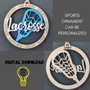 Lacrosse svg, regalo per giocatore di lacrosse. Ornamento o ciondolo per auto svg, può essere personalizzato con nome o messaggio - File tagliato al laser per Glowforge