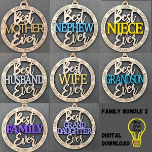 Paquete de svg familiares, juego de 8 svg de adornos con nieto, nieta, sobrina, sobrino, esposo, esposa, archivo cortado con láser diseñado para Glowforge