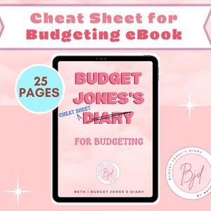 Può includere: Uno schermo di tablet digitale rosa e blu che mostra un eBook di budgeting di 25 pagine intitolato "Budget Jones's Diary for Budgeting" di Beth. La copertina dell'eBook presenta uno sfondo di nuvole rosa e bianco con una stella bianca.
