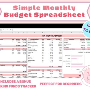 Einfache Monatliche Budget, Budget Tabellenkalkulation, Excel Budget, Sinking Funds Tracker, Spar tracker, Monatlicher Budgetplaner, Budget Tabellenkalkulation