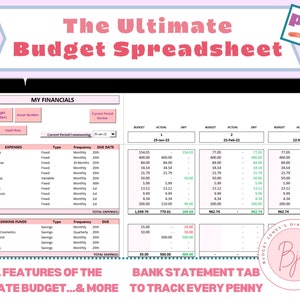 May include: A computer screen displaying a pink and white budget spreadsheet template with the title "The Ultimate Budget Spreadsheet PRO". The spreadsheet includes columns for budget, actual, and difference for various expenses and sinking funds. The spreadsheet also includes a tab for bank statement tracking.
