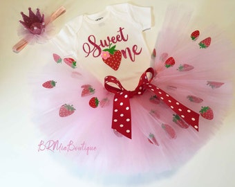 Sweet One Strawberry First Birthday Outfit/ First Birthday Outfit/Glitter Crown Headband.