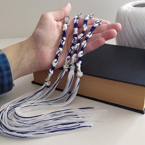 Puede incluir: Cuatro cordones trenzados blancos y azules con abalorios de estrella de David plateados y borlas. Los cordones se sostienen en una mano y se colocan sobre un libro.