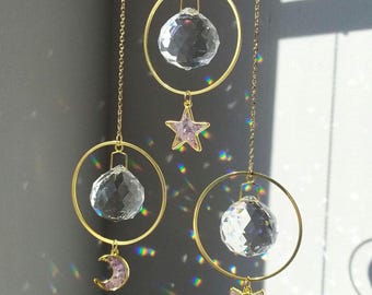 Glas Kristall Suncatcher - Mond Sterne Katze Resin w/ Titanium