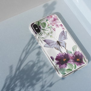 Clear iPhone case with flowers and butterfly, phone case for iPhone 11,12,13,14,15,7,X,SE, colourful iPhone case, aesthetic phone case
