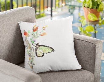 Flower throw pillow, cushion with butterfly painting, polyester pillow, throw pillows