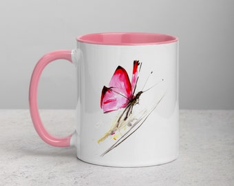 Tasse mit Schmetterling, Kaffeetasse aus Keramik, farbige Innenseite, schwarze Tasse, gelbe Tasse, Becher mit Naturmotiv, Tasse Kunst