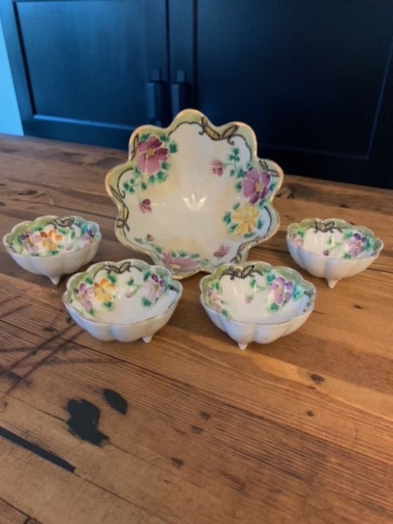 Antique Japanese Three Footed Nut Bowl Set...nippon Style Hand Painted, Delicate Fine Porcelain