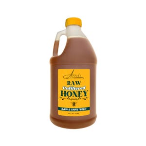 May include: A large plastic jug of raw, unfiltered honey. The jug is brown and has a yellow cap and handle. A yellow label displays the text "Raw Unfiltered Honey" with a bee graphic. The net weight is 6 lbs.
