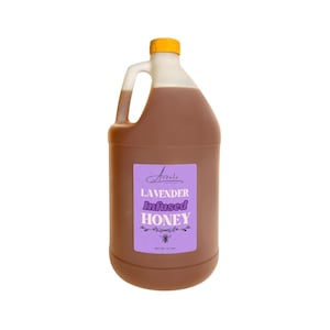 May include: A large brown plastic jug with a yellow cap and white handle. The jug contains lavender-infused honey and has a purple label with the text "Lavender Infused Honey" and a bee illustration. Net wt. 12 lbs.