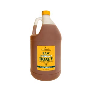 May include: A large brown plastic jug of raw, unfiltered honey with a yellow cap and handle. A yellow label displays the text "Arvoli RAW Unfiltered HONEY" with a bee graphic. The jug contains 12 lbs of honey.