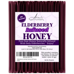 May include: A package of 50 elderberry-infused honey sticks. The label reads "Elderberry Infused Honey" and "Pure Raw Honey Naturally Infused With Only Elderberries." The net weight is 275 grams. The product contains raw honey; do not feed to infants under 1 year.