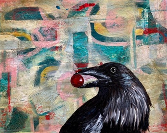 Abstract print art artwork raven painting blue red bird art wall decor home decor