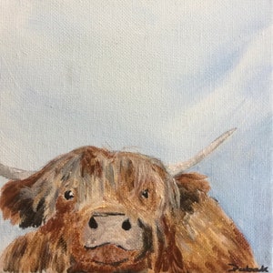 Mixed media print art artwork moo cow painting brown black blue animal art wall decor home decor