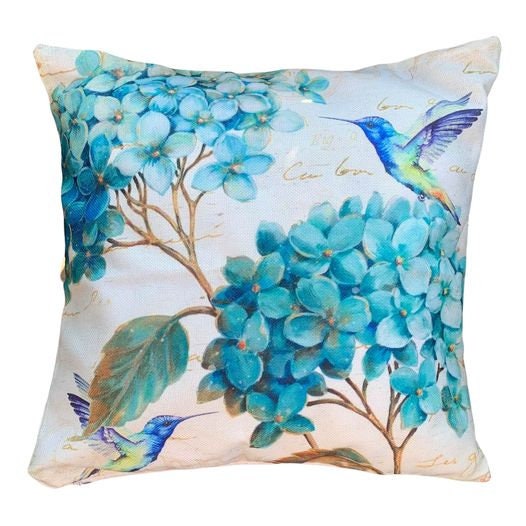 Beautiful Blue Hydrangea &Hummingbirds pillow Covers 18x18” Set of 4 Linen Outdoor/Indoor